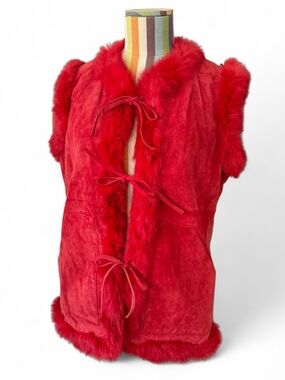 Yvonne Marie Red Genuine Leather & Real Rabbit Fur Trim Tie Front Vest
